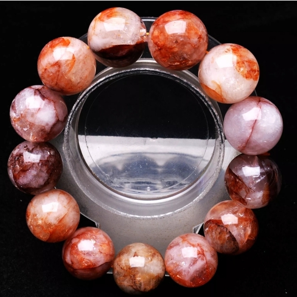 17.6mm Natural Red Phantom Ghost Garden Crystal Gemstone Round Beaded Bracelet - Picture 6 of 8